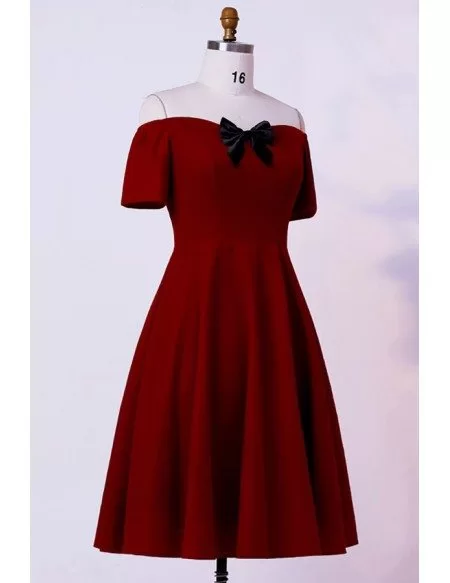 Custom Burgundy Cute Bow Semi Party Dress With Off Shoulder High Quality