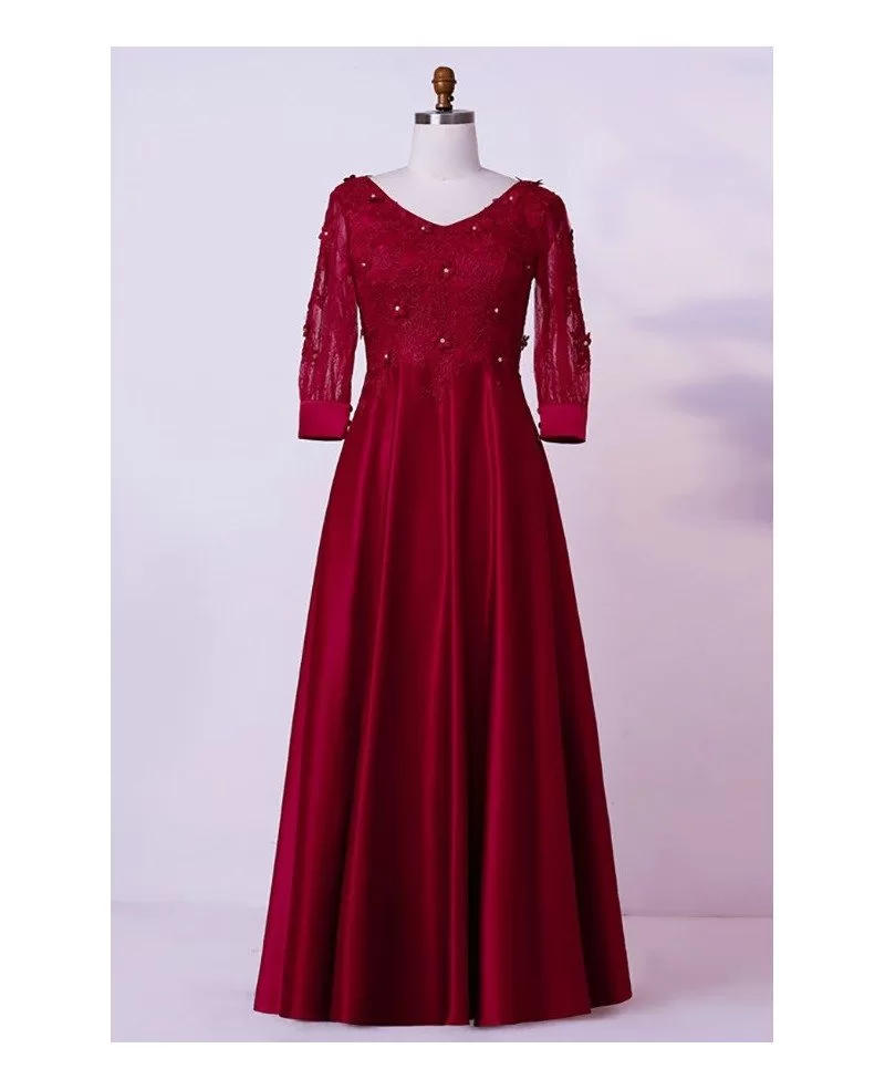 Custom Burgundy Lace Vneck Modest Mother Of Bride Dress With Sleeves ...