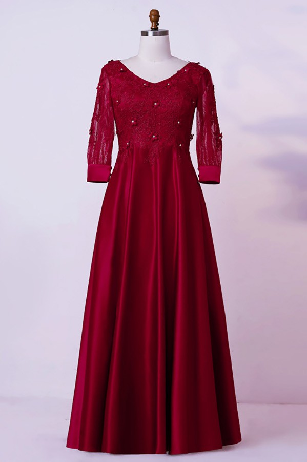 Custom Burgundy Lace Vneck Modest Mother Of Bride Dress With Sleeves ...