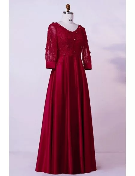 Custom Burgundy Lace Vneck Modest Mother Of Bride Dress With Sleeves High Quality