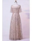 Custom Champagne Long Formal Party Dress With Sequins Puffy Sleeves High Quality