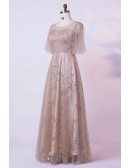 Custom Champagne Long Formal Party Dress With Sequins Puffy Sleeves High Quality