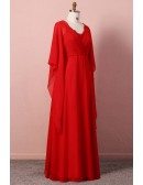 Custom Classy Flowy Chiffon Red Wedding Party Dress With Cape Sleeves High Quality