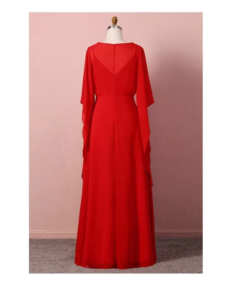 Custom Classy Flowy Chiffon Red Wedding Party Dress With Cape Sleeves ...