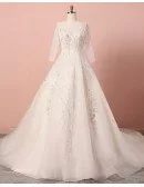 Custom Ivory Beaded Lace Formal Wedding Dress Sequined With Sleeves High Quality