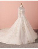 Custom Ivory Beaded Lace Formal Wedding Dress Sequined With Sleeves High Quality
