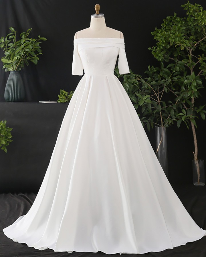 Custom Ivory Off Shoulder Simple Wedding Dress With Sleeves High ...