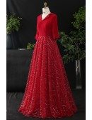 Custom Burgundy Sparkly Sequins Long Formal Dress With Collar High Quality