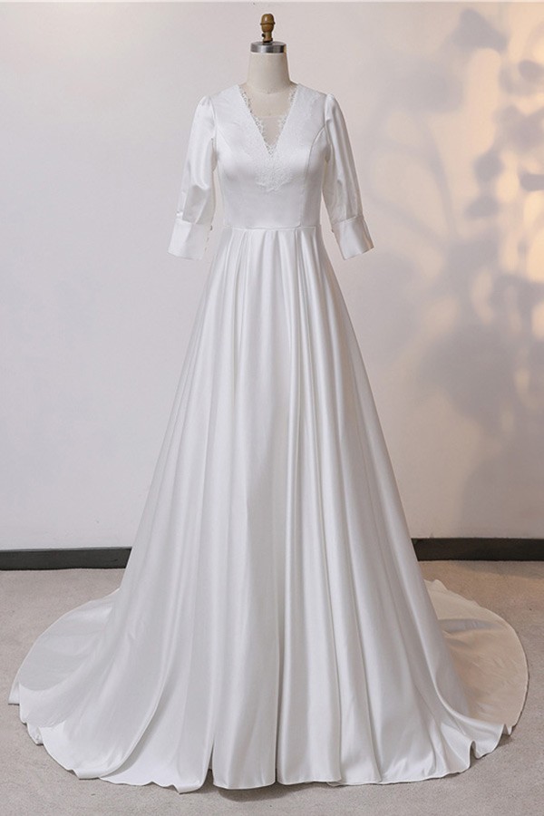Custom Ivory Vneck Satin Wedding Dress Sleeved With Train High Quality ...