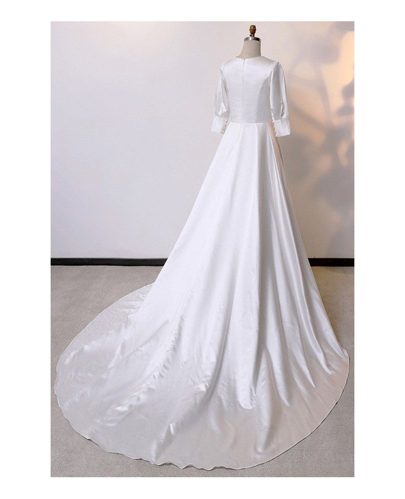 Custom Ivory Vneck Satin Wedding Dress Sleeved With Train High Quality ...