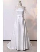 Custom Ivory Simple Modest Wedding Dress Satin With Illusion Sleeves High Quality