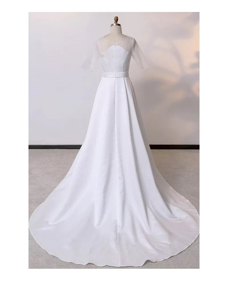 Custom Ivory Simple Modest Wedding Dress Satin With Illusion Sleeves ...