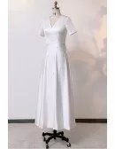 Custom Ivory Vneck Satin Ankle Length Wedding Dress With Short Sleeves High Quality
