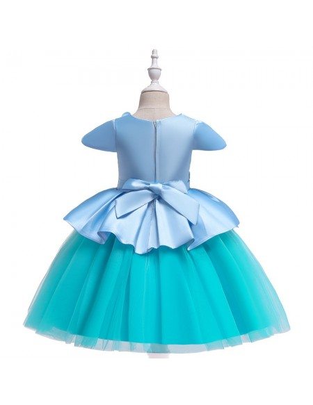 Blue Satin With Tulle Girls Formal Dress With Sleeves