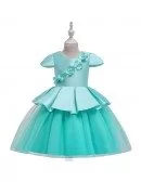 Blue Satin With Tulle Girls Formal Dress With Sleeves