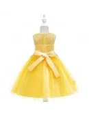 Bright Yellow Tulle Girls Party Dress With Embroidery For Kids 4-12 Years