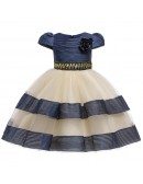Cute Navy Blue Striped Girl Party Dress With Cap Sleeves For Kids