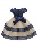Cute Navy Blue Striped Girl Party Dress With Cap Sleeves For Kids