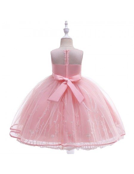 Beaded Rose Pink Tulle Little Girls Party Dress With Sash For Children