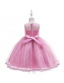 Beaded Rose Pink Tulle Little Girls Party Dress With Sash For Children