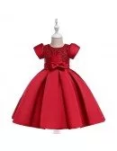 Red Satin Beaded Cute Holiday Party Dress With Sleeves For Children