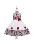 White With Red Flowers Beaded Party Dress For Girls 5-6-7t
