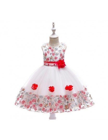 White With Red Flowers Beaded Party Dress For Girls 5-6-7t