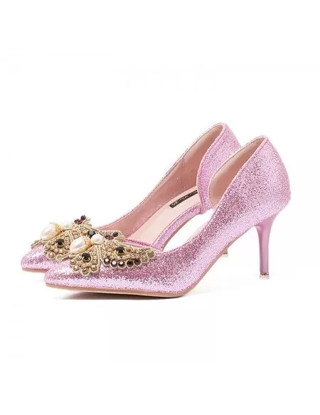 Sparkling Glitter Heel Closed Toe Pumps With Rhinestone Style