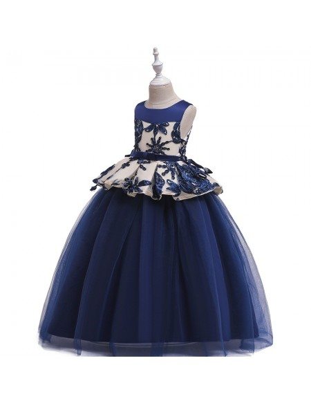 Navy Blue Ballgown Tulle Formal Dress For Girls 7-16 Years Old