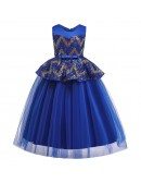 Sparkly Sequins Navy Blue Long Formal Girls Dress For Party 6-10-12 Years