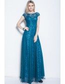 Blue Modest A-Line Tulle Lace Long Dress With Cape Sleeves