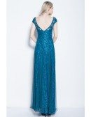 Blue Modest A-Line Tulle Lace Long Dress With Cape Sleeves