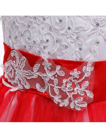 Red With White Lace Girls Long Prom Dress For 8-12-16