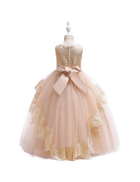 Luxe Champagne Gold Lace Flower Girl Wedding Dress For Ages 6-16