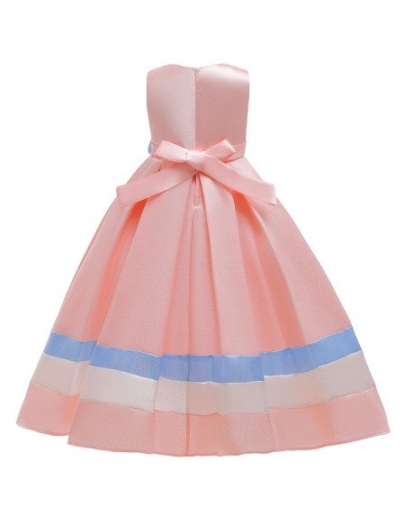 Pretty Pink Striped Formal Girls Party Dress With Big Bow In Back