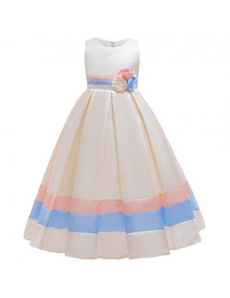 Pretty Pink Striped Formal Girls Party Dress With Big Bow In Back
