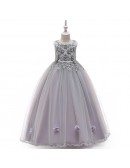 Best Blue Long Tulle Flower Girl Dress With Flowers For 7-16 Years Old