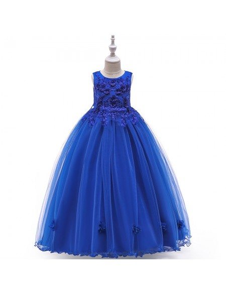 Best Blue Long Tulle Flower Girl Dress With Flowers For 7-16 Years Old
