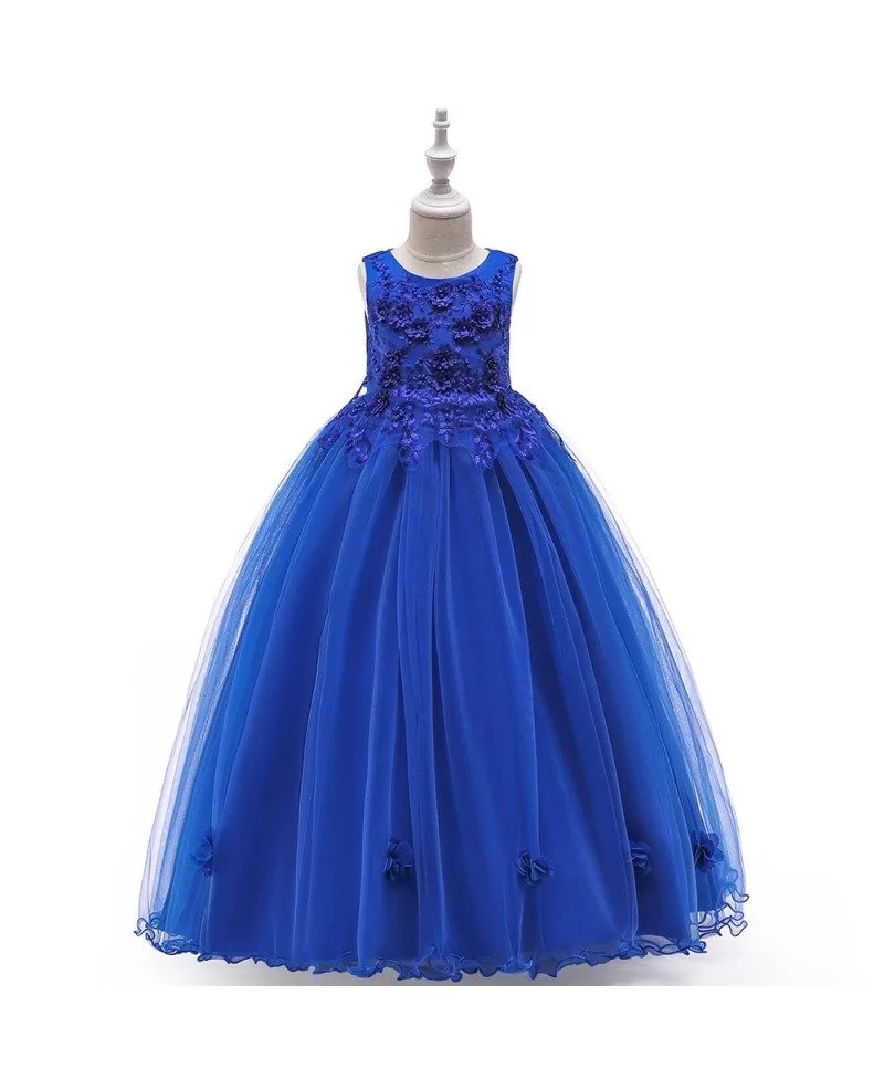 $38.89 Best Blue Long Tulle Flower Girl Dress With Flowers For 7-16 ...