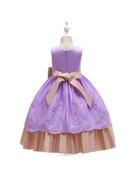 Purple Satin With Big Bow Flower Girl Dress For Formal Size 7-16