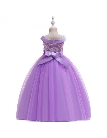 Champagne Long Tulle Flower Girl Dress With Sash For Ages 7-16
