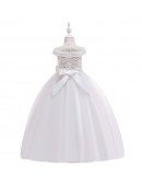 Champagne Long Tulle Flower Girl Dress With Sash For Ages 7-16