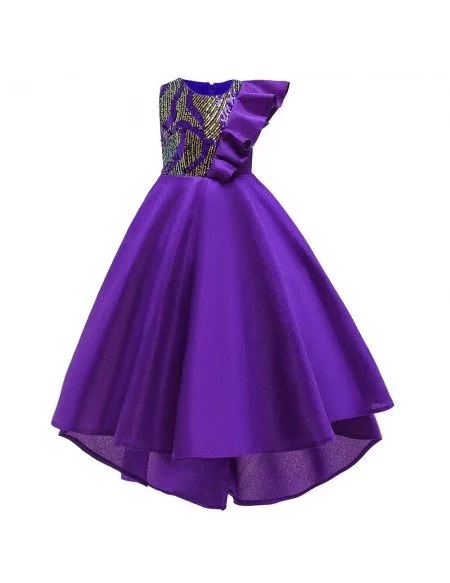 Royal Blue Asymmetrical Satin Sequined Party Dress For Girls 7-12-16 Age