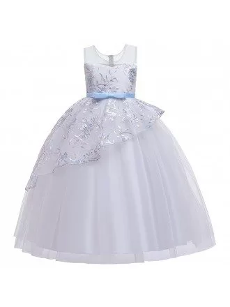 Ballgown Long Tulle Wedding Dress Flower Girl With Blue Sash For 8-12 Years