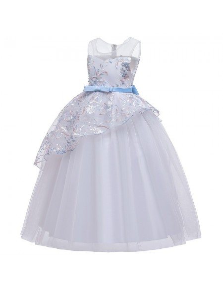 $38.89 Ballgown Long Tulle Wedding Dress Flower Girl With Blue Sash For ...