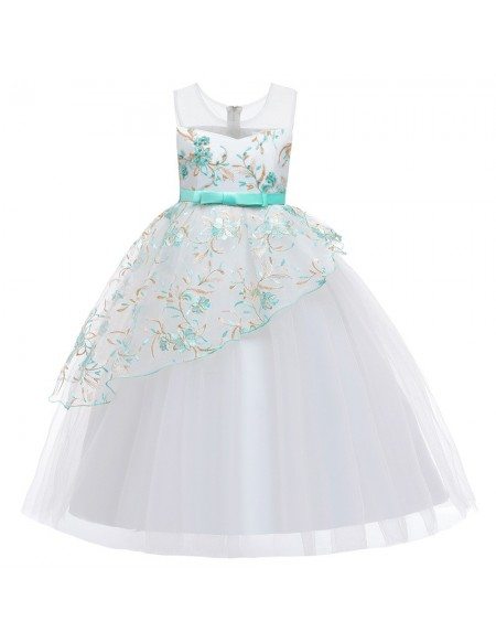 Ballgown Long Tulle Wedding Dress Flower Girl With Blue Sash For 8-12 Years