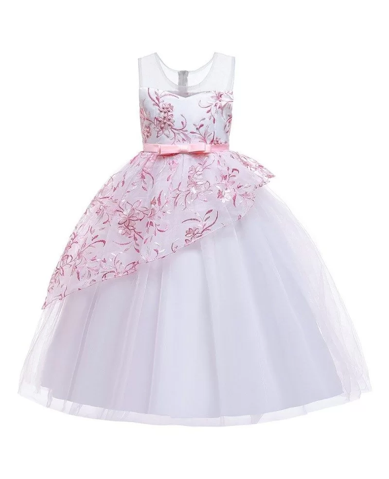 38 89 Ballgown Long Tulle Wedding Dress Flower Girl With Blue Sash For