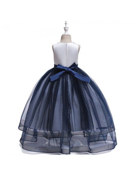 Grey Tulle Ballgown Wedding Party Dress With Sash For Kids 7-12-16 Years
