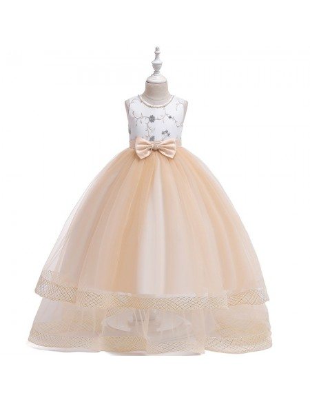 Grey Tulle Ballgown Wedding Party Dress With Sash For Kids 7-12-16 Years
