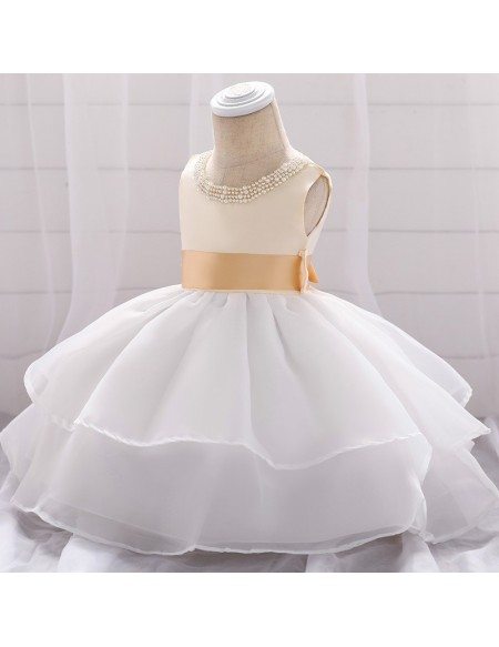 Champagne With White Organza Baby Girl Dress Wedding With Beading For Little Girls